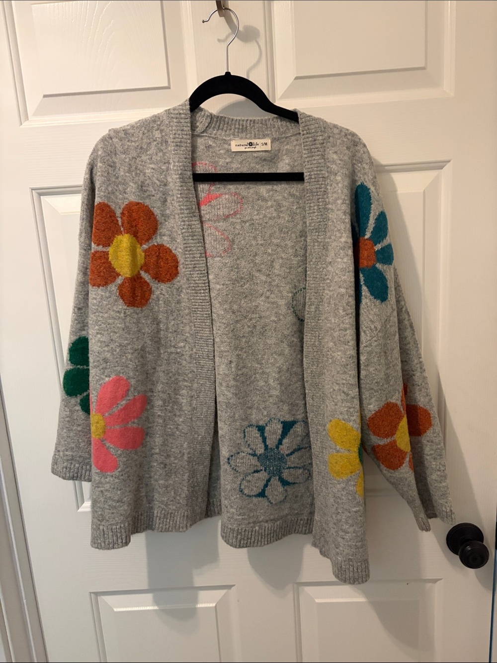 Gray Open-Front Cardigan with Colorful Floral Appliqués